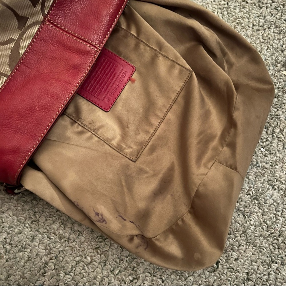 Coach F12674 Zoe Signature C Khaki Jacquard Red Leather Hobo Shoulder Bag - Picture 15 of 16